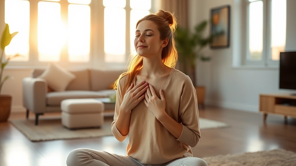 Woman sitting peacefully in modern living room during golden hour sunlight, hands on chest, mindful expression, minimalist wellness environment, natural calm lighting