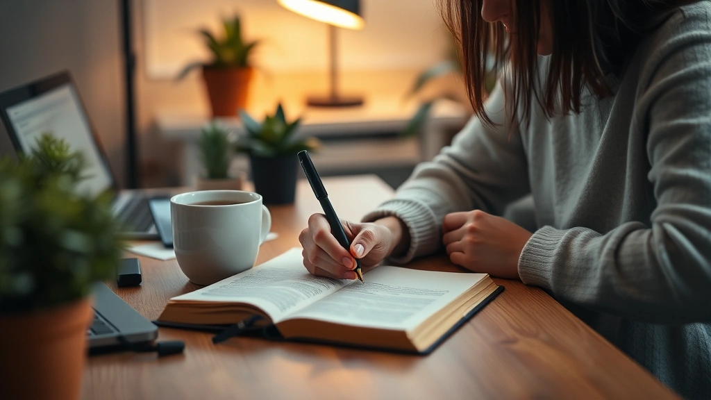Person journaling at wooden desk with coffee cup, warm ambient lighting, focused introspective moment, serene workspace with plants, authentic emotional processing