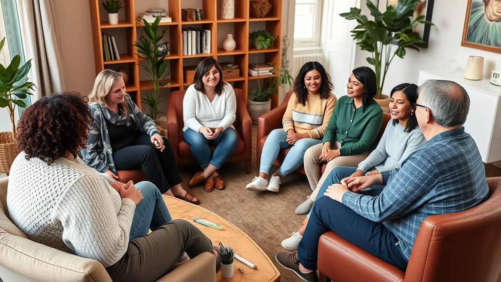 Support group circle of diverse people sitting together in comfortable space, genuine connection and listening, warm welcoming environment, human connection and community