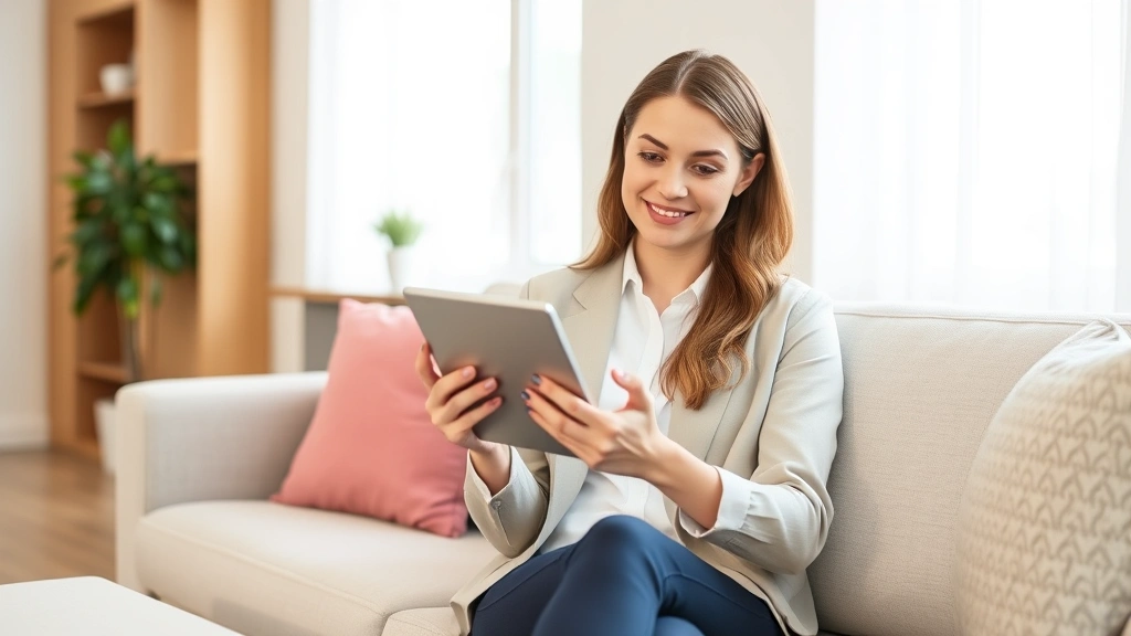 Professional woman using tablet to schedule medical appointment, sitting on comfortable couch in bright living room, calm confident expression, modern minimalist interior design