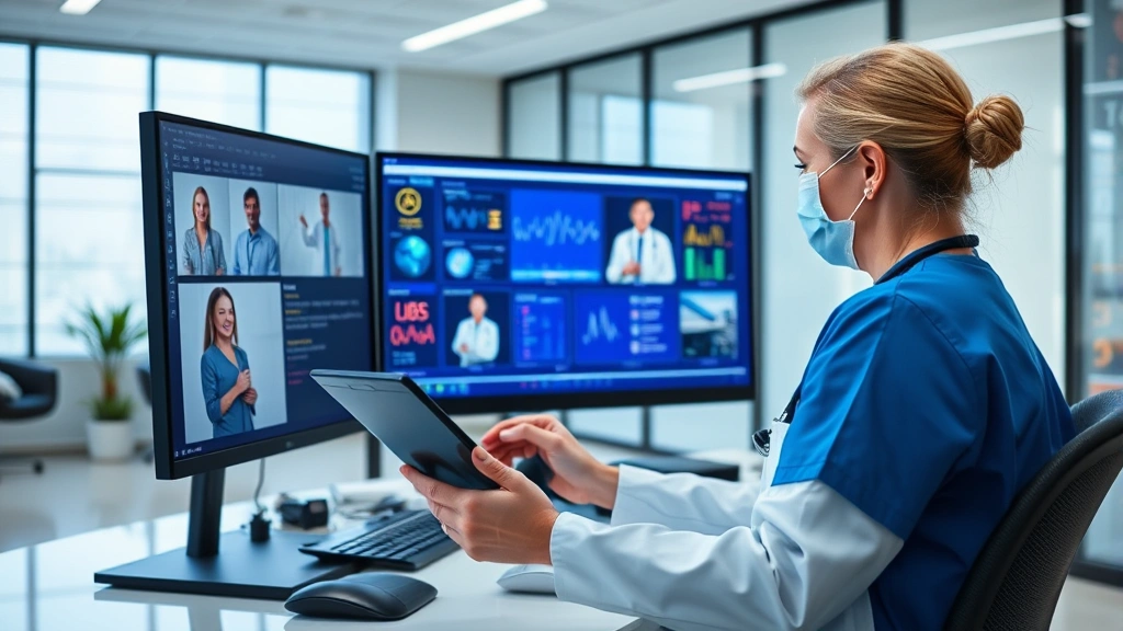 Healthcare provider reviewing digital medical records on computer screen in modern clinic office, tablet showing patient health information, professional medical environment with soft lighting