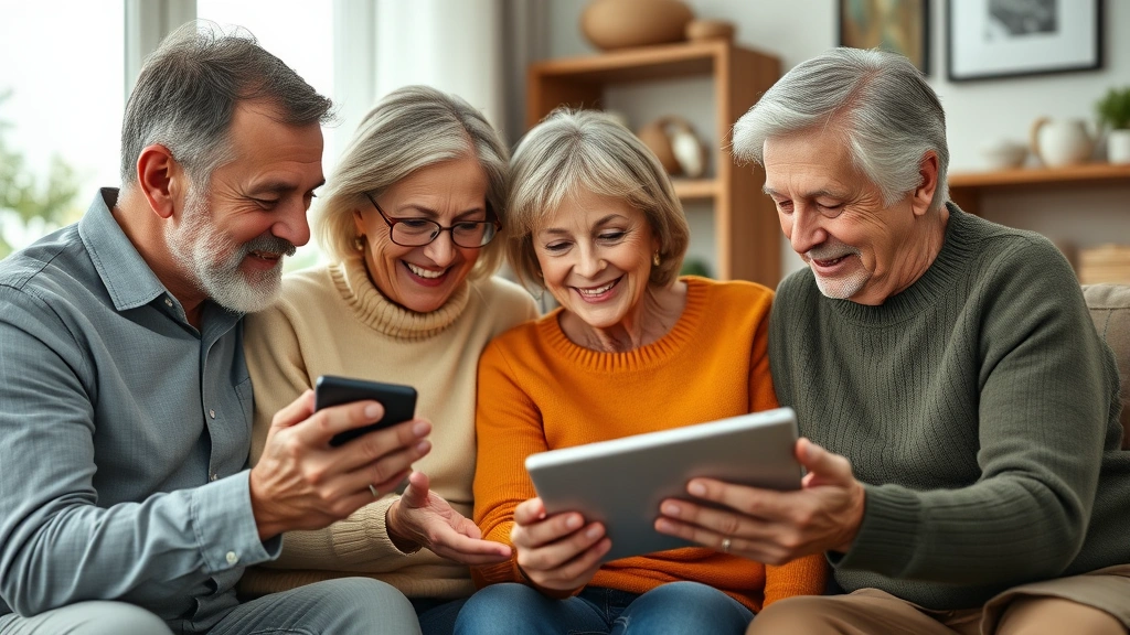 Multi-generational family viewing health information together on smartphone and tablet in warm home setting, smiling expressions, demonstrating shared healthcare management and family wellness coordination