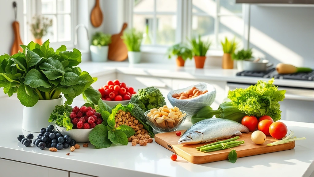 Bright, airy kitchen with fresh organic produce including leafy greens, berries, nuts, and fish arranged on clean white countertops, natural morning sunlight, lifestyle photography