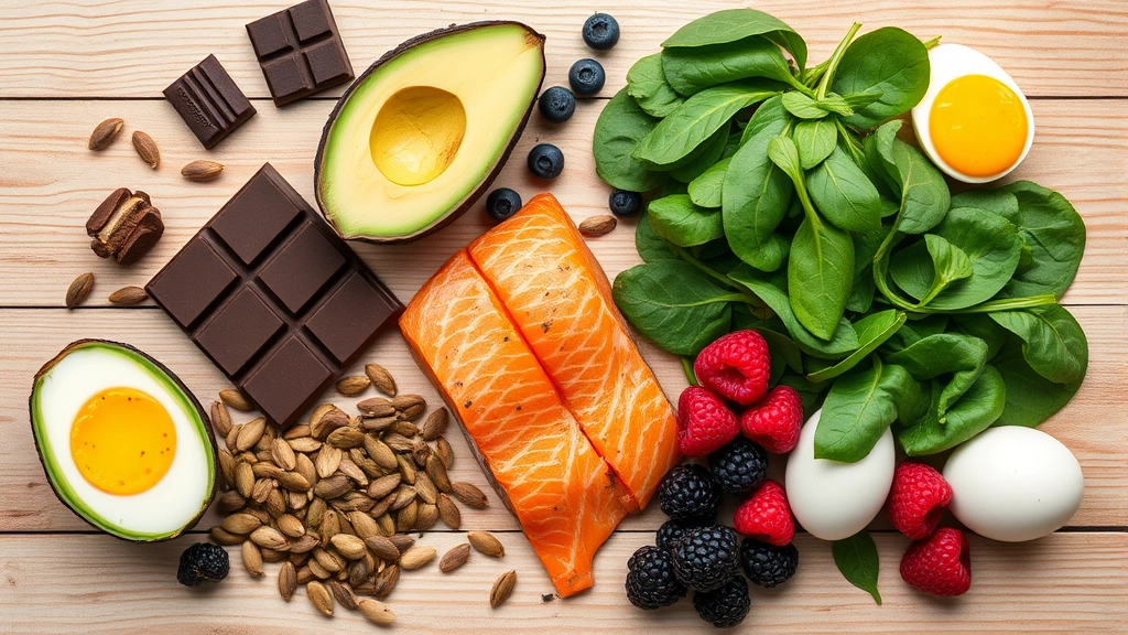 Overhead flat-lay of colorful mood-supporting foods: salmon fillet, avocado, dark chocolate, pumpkin seeds, spinach, berries, eggs, and magnesium-rich foods on wooden surface