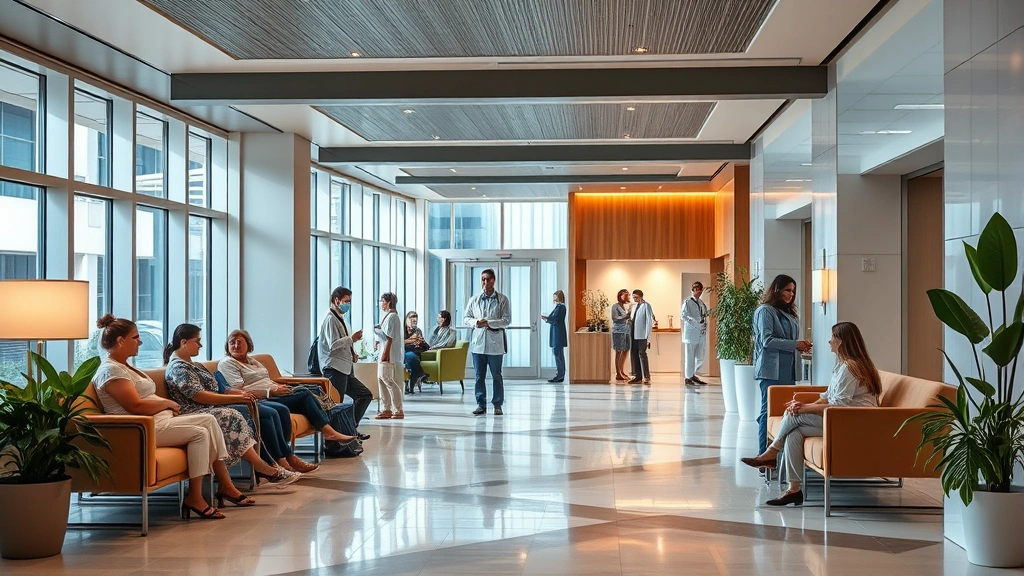 Modern hospital lobby with warm lighting, diverse patients and staff interacting, comfortable seating areas, natural elements like plants, welcoming atmosphere