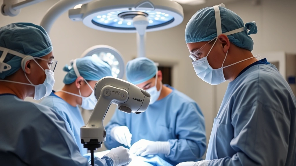 Surgical suite with medical team performing minimally invasive procedure using robotic equipment, focused concentration, advanced technology visible, sterile environment