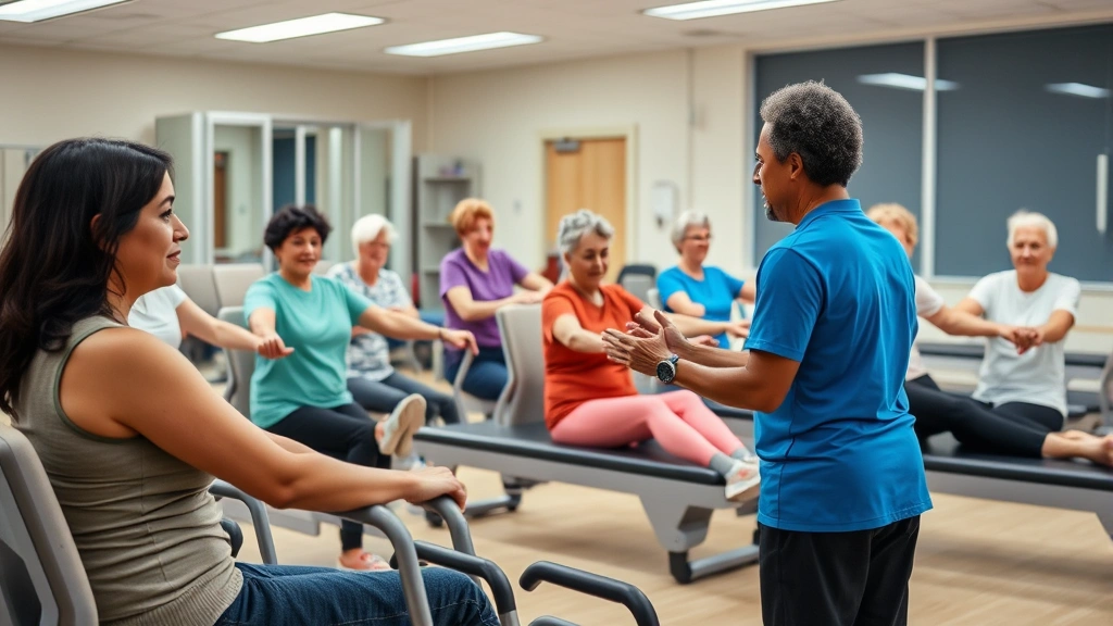 Cardiac rehabilitation class with diverse patients on exercise equipment, physical therapist providing guidance, supportive community environment, wellness-focused setting