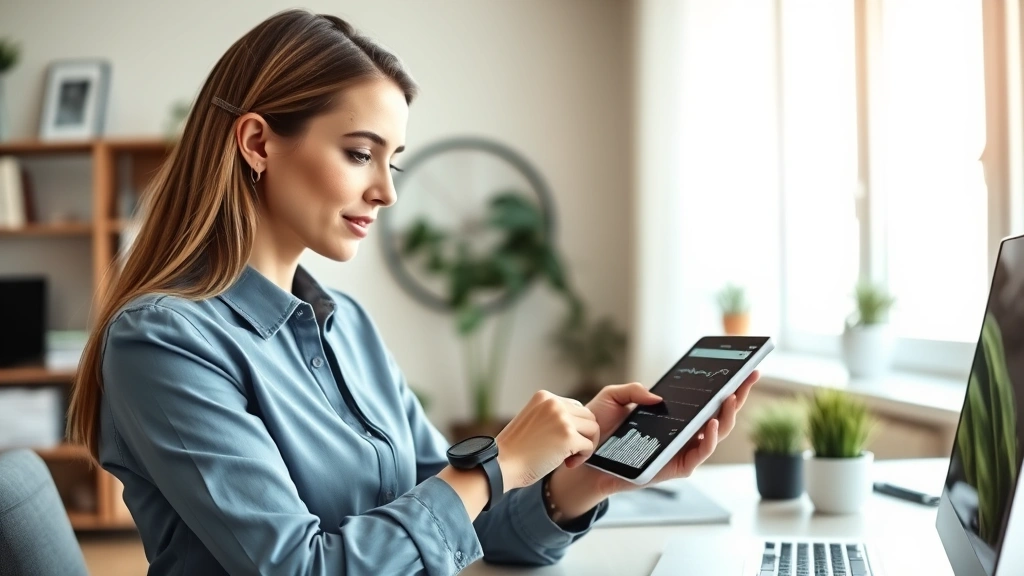 Professional woman in modern home office reviewing health metrics on tablet and smartwatch, natural lighting, contemporary wellness setup, focused expression