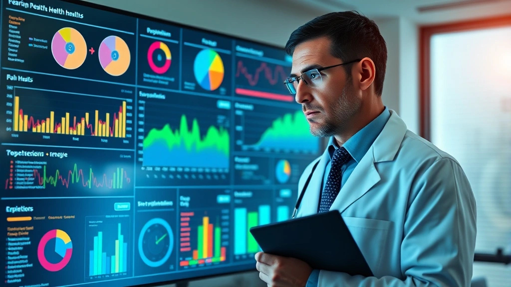 Doctor in white coat analyzing digital health dashboard with colorful data visualizations, clinical setting, professional atmosphere, serious concentration