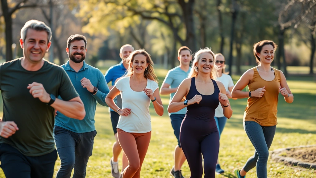 Diverse group of people exercising together outdoors in park, morning sunlight, active lifestyle, health tracking devices visible, happy engagement