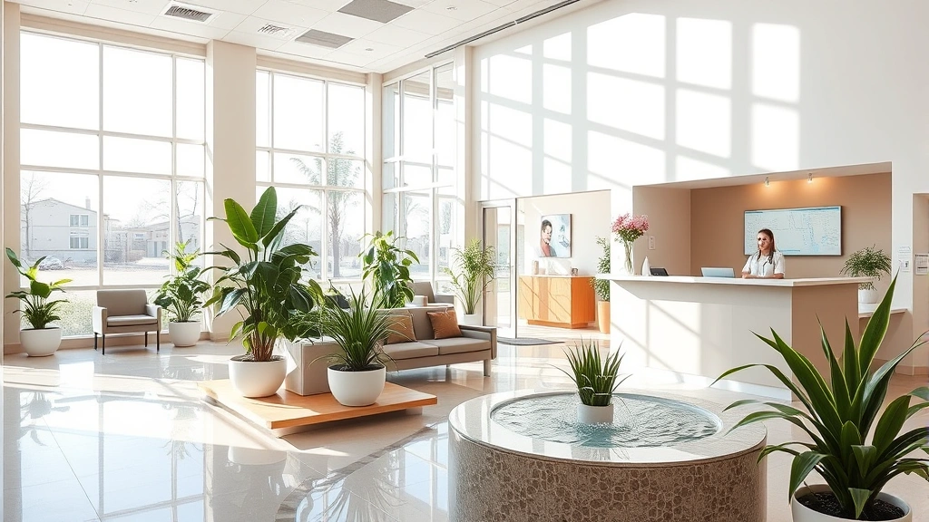 Modern healthcare facility interior with bright natural lighting, comfortable waiting area featuring plants and water features, welcoming reception desk with friendly staff members, warm neutral tones creating calming atmosphere