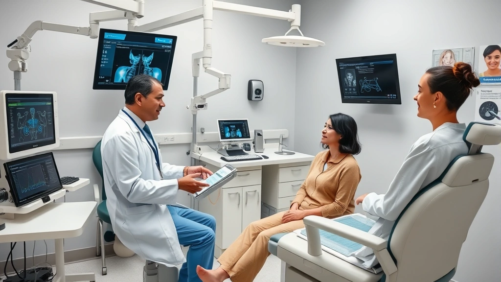 Medical examination room with state-of-the-art equipment, digital displays, comfortable patient chair, professional but approachable healthcare provider explaining treatment plan to diverse patient