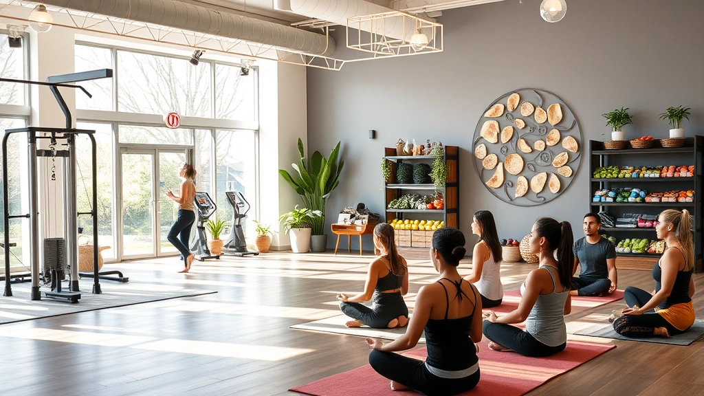 Wellness center interior showing fitness area with exercise equipment, nutrition consultation space with healthy food displays, meditation room with natural light, diverse individuals engaged in wellness activities