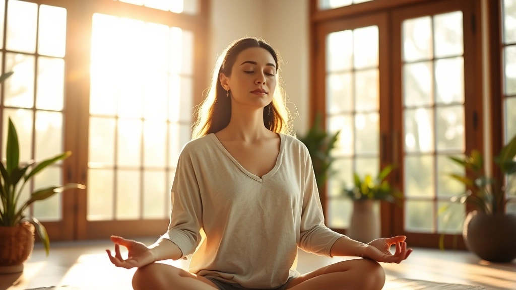 Woman practicing meditation in serene morning sunlight through large windows, peaceful expression, natural wellness environment with plants and soft natural light