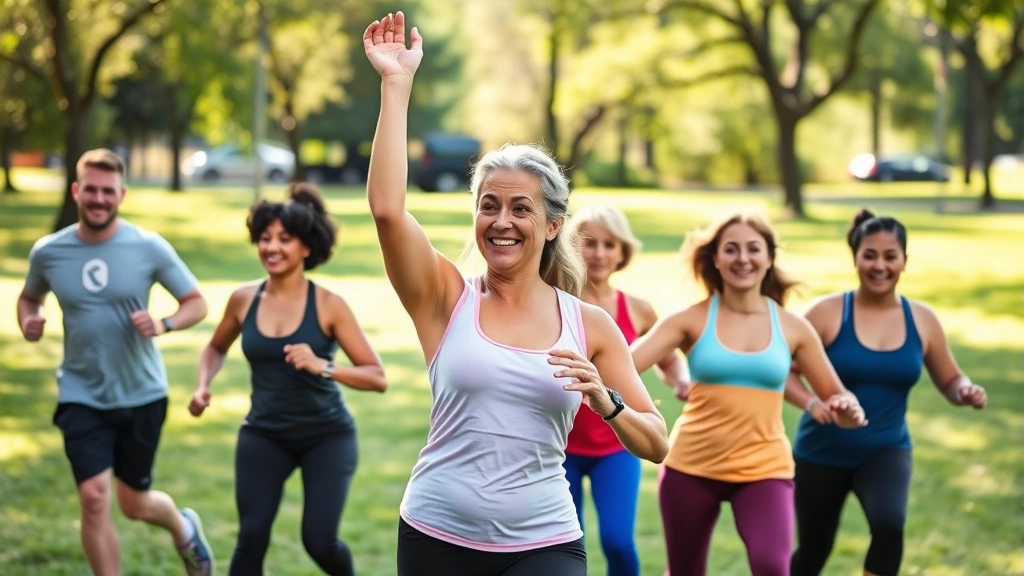 Diverse group enjoying outdoor fitness activity in park, smiling faces, natural movement, healthy energy, morning sunshine on green grass setting