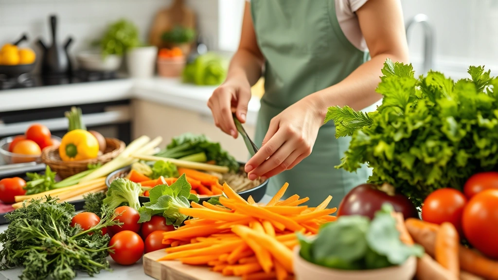 Person preparing colorful nutritious meal with fresh vegetables and whole foods, bright kitchen, vibrant ingredients, wholesome cooking moment captured naturally