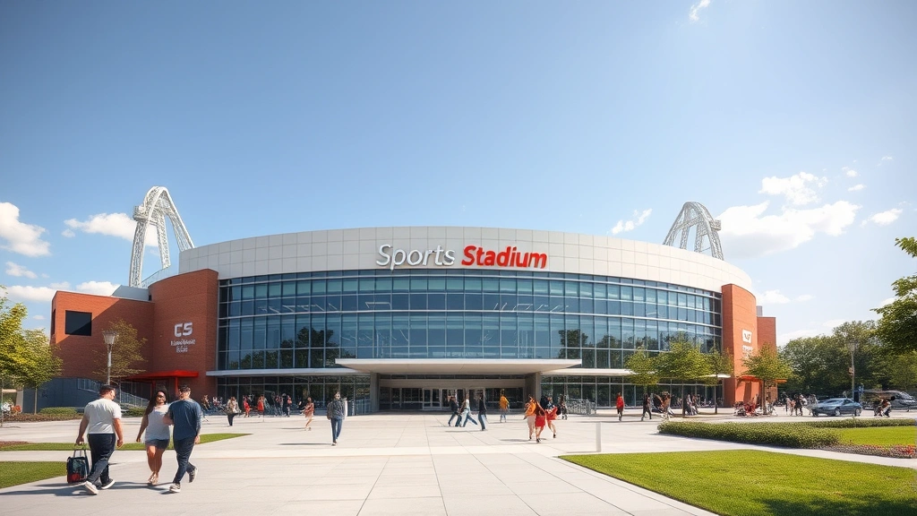 Modern sports stadium exterior with welcoming entrance, sunny day, families and fans walking toward gates, green campus surroundings, clear skies, vibrant athletic energy