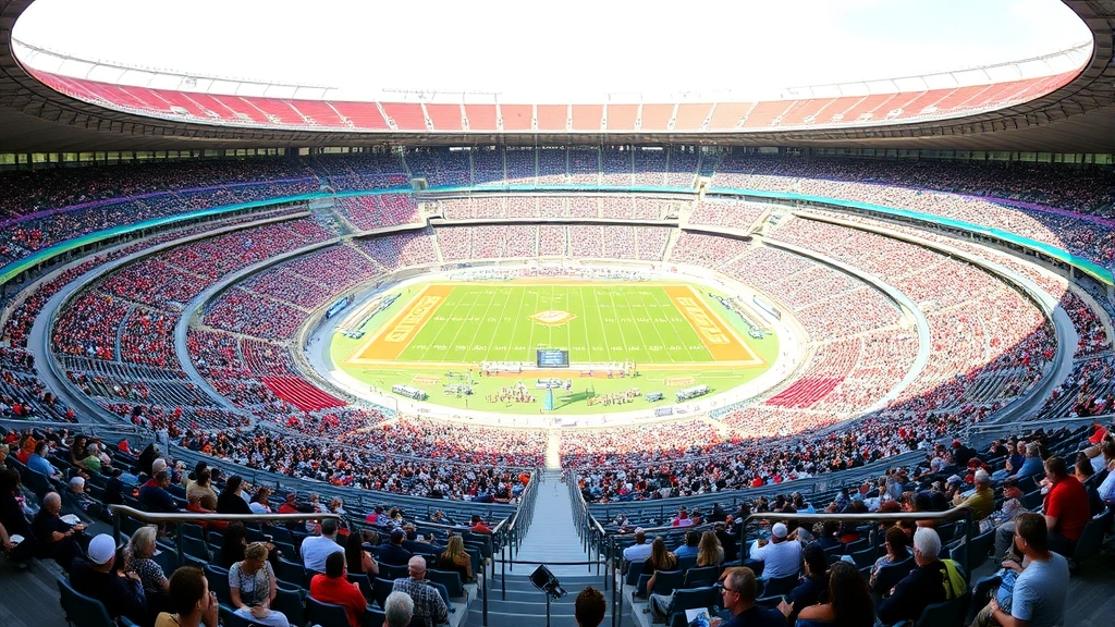 Stadium seating bowl view from upper deck, thousands of colorful seats, field view, natural lighting, crowd gathered for event, community atmosphere visible