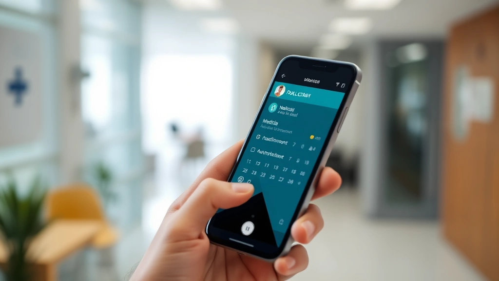 Close-up of smartphone displaying healthcare app calendar with appointment details, hand holding device, medical office background blurred, modern interface visible