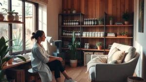 Serene wellness consultation room with warm lighting, herbal products on shelves, practitioner and client in comfortable seating discussing health goals, calming earth tones, natural wood elements, plants visible through window