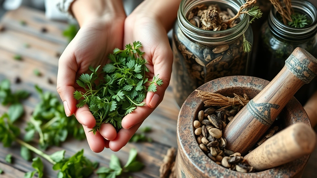 Close-up of hands holding fresh herbs, dried botanicals in glass jars, mortar and pestle with healing plants, natural lighting showing texture and detail, wellness preparation workspace