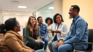 Diverse healthcare team in modern clinic consulting with patients during appointment, warm lighting, inclusive atmosphere, people smiling and engaged in conversation