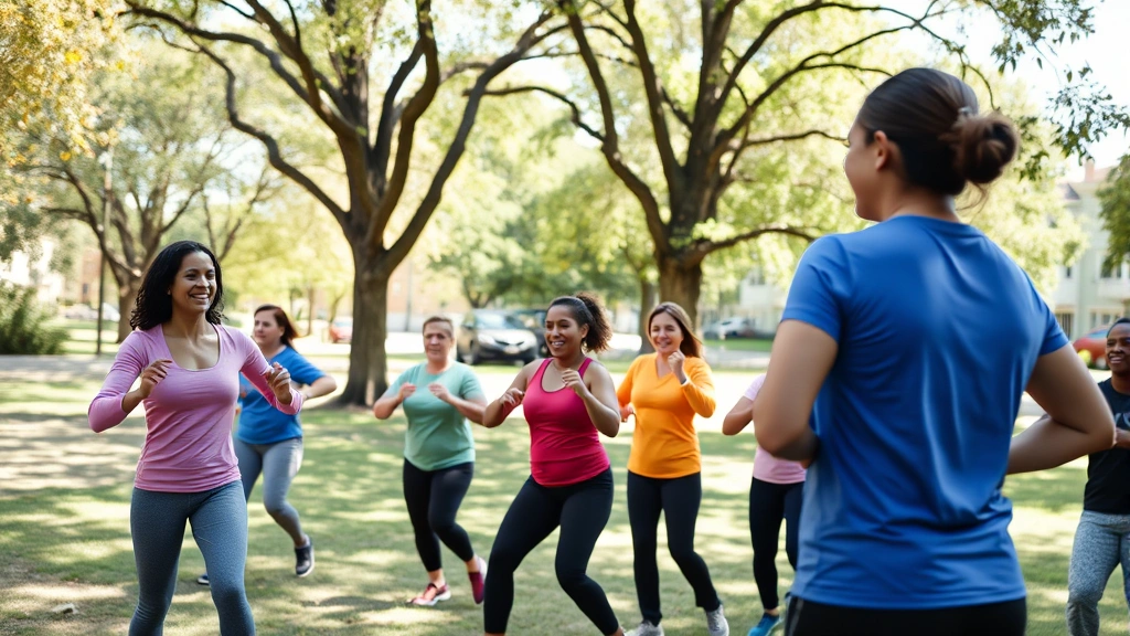 Community health worker conducting outdoor fitness class in neighborhood park with diverse group exercising, trees and natural light, joyful energy and inclusivity
