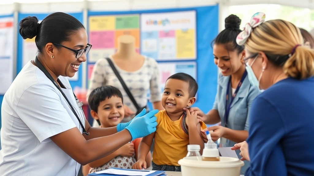 Family receiving vaccination at community health fair with professional nurse, child smiling, parents present, colorful health education materials visible in background