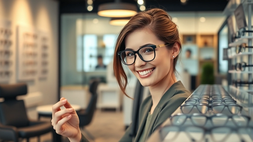 Professional woman wearing fashionable glasses at an optometrist's office, smiling while examining eyeglass frames on display, modern clinic interior with warm lighting and comfortable seating, lifestyle photography showcasing vision care confidence