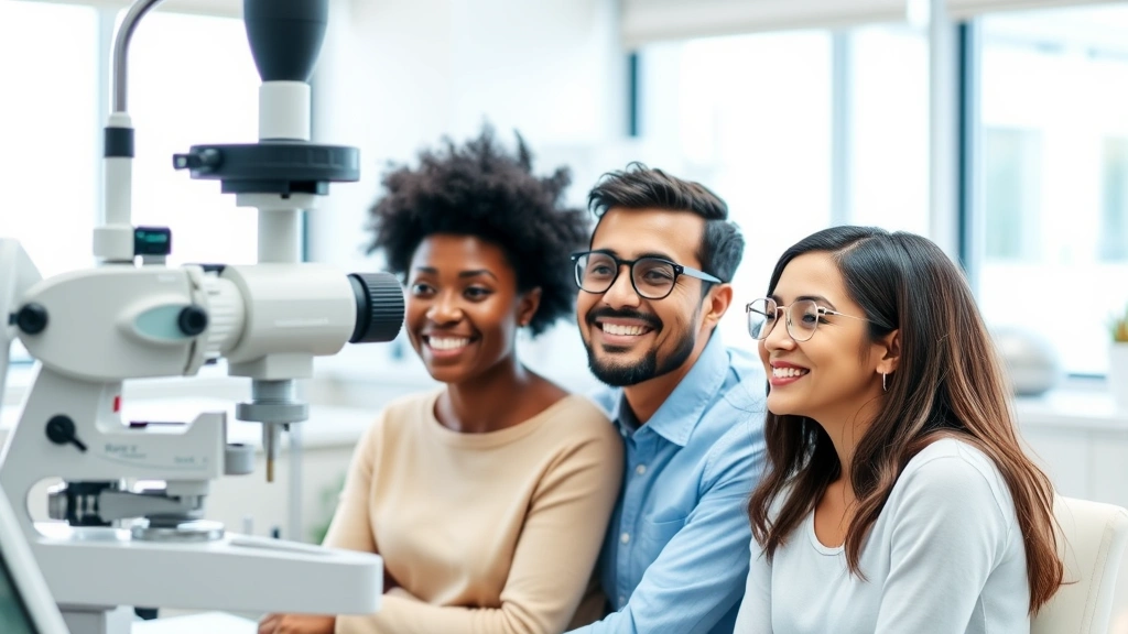 Family of four at eye care appointment, diverse group smiling during comprehensive eye exam with modern equipment, doctor in background, bright welcoming clinic space, natural daylight through windows, representing preventive health care and family wellness