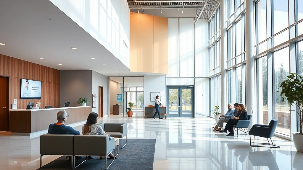 Modern university health center interior with welcoming reception area, students waiting in comfortable seating, bright natural lighting from large windows, contemporary medical office aesthetic