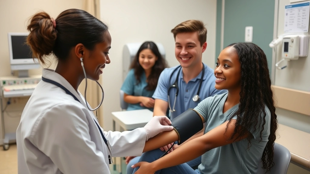 Young college students receiving health services: nurse checking blood pressure on diverse student in clinic room, medical equipment visible, professional yet approachable healthcare environment