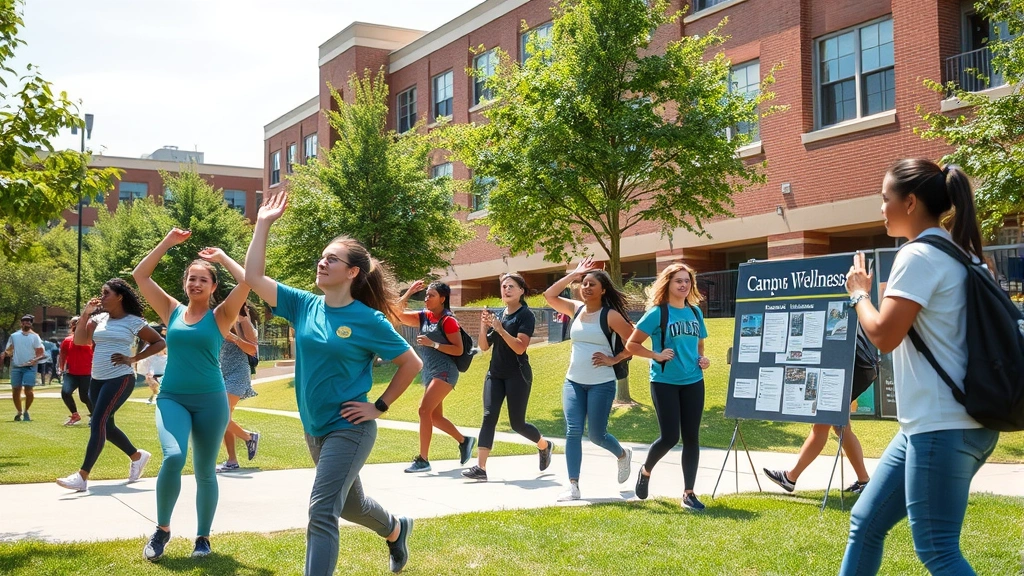 Campus wellness scene: students exercising outdoors near university buildings, health fair booth with information materials, diverse students engaging in preventive health activities during sunny day