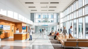 Modern hospital lobby with welcoming reception desk, bright natural lighting, comfortable seating areas, and diverse patients and visitors in professional healthcare setting