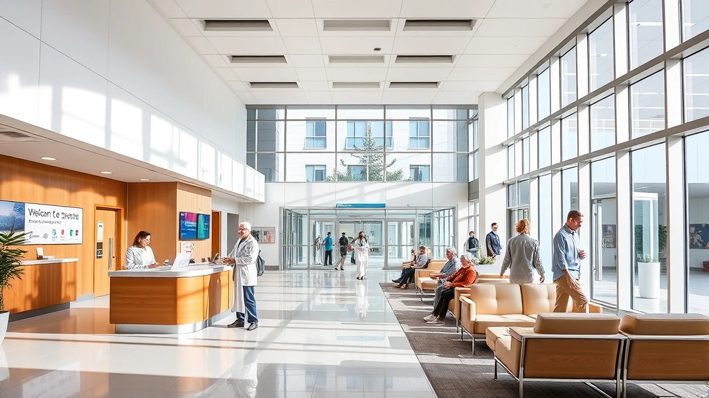 Modern hospital lobby with welcoming reception desk, bright natural lighting, comfortable seating areas, and diverse patients and visitors in professional healthcare setting