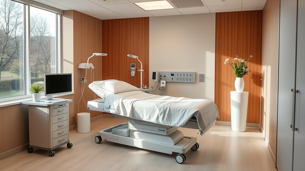 Patient recovery room with modern medical bed, comfortable private space, large windows with natural light, bedside technology, fresh flowers, and peaceful healing atmosphere
