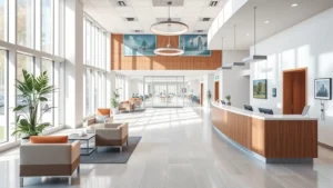 Modern medical center lobby with natural lighting, comfortable seating, and welcoming reception desk in contemporary healthcare facility