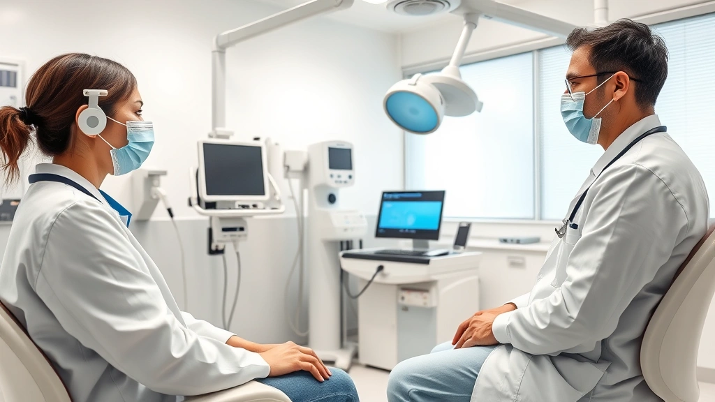 Patient consulting with professional healthcare provider in bright, clean examination room with modern medical equipment and technology
