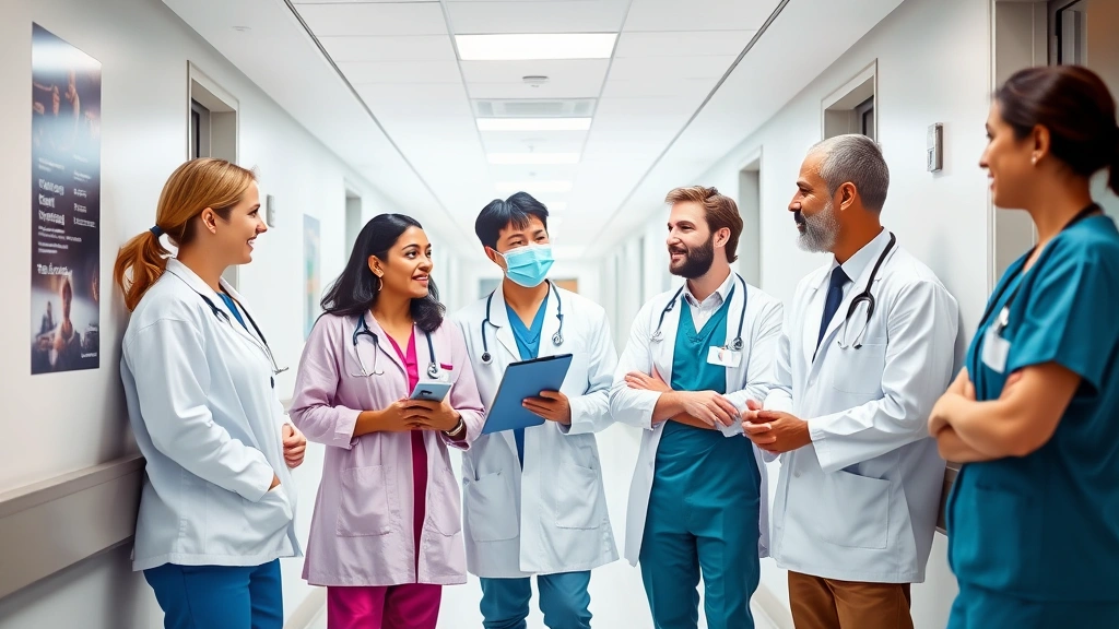 Diverse medical staff collaborating in hospital corridor, wearing professional attire, discussing patient care in modern healthcare setting