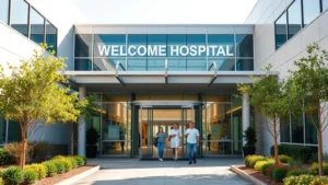 Modern hospital entrance with welcoming architecture, glass doors, professional landscaping, daytime natural lighting, patients and visitors walking through lobby area