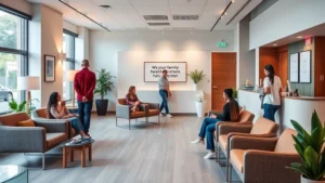 Modern family health center waiting room with comfortable seating, warm lighting, diverse patients checking in, welcoming reception desk, contemporary medical office aesthetic