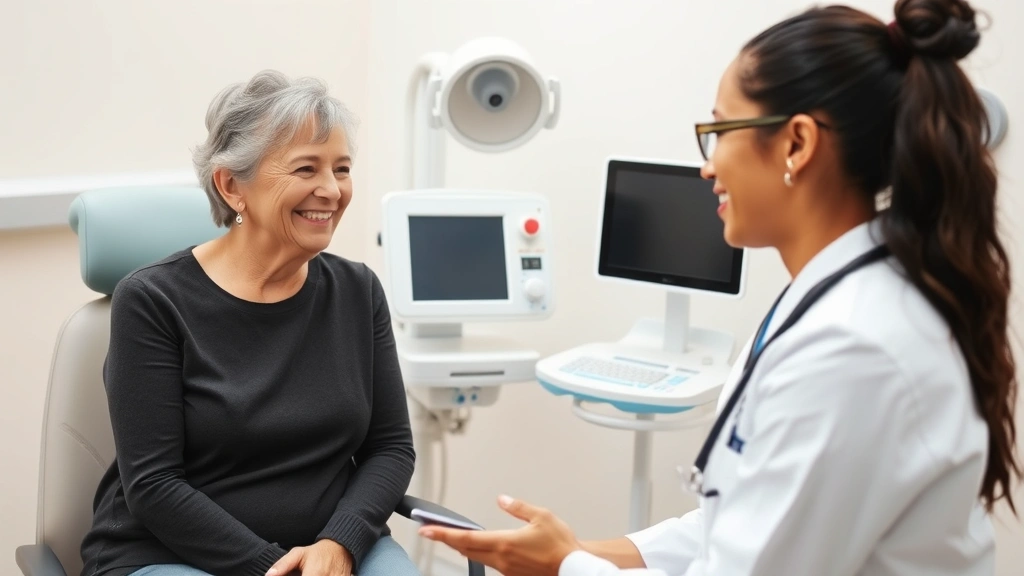 Healthcare provider having friendly consultation with middle-aged woman patient in bright examination room, both smiling, showing trust and communication, modern medical equipment visible
