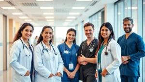 Professional healthcare team in modern hospital setting, diverse nurses and doctors collaborating in bright clinical environment, confident and focused medical professionals