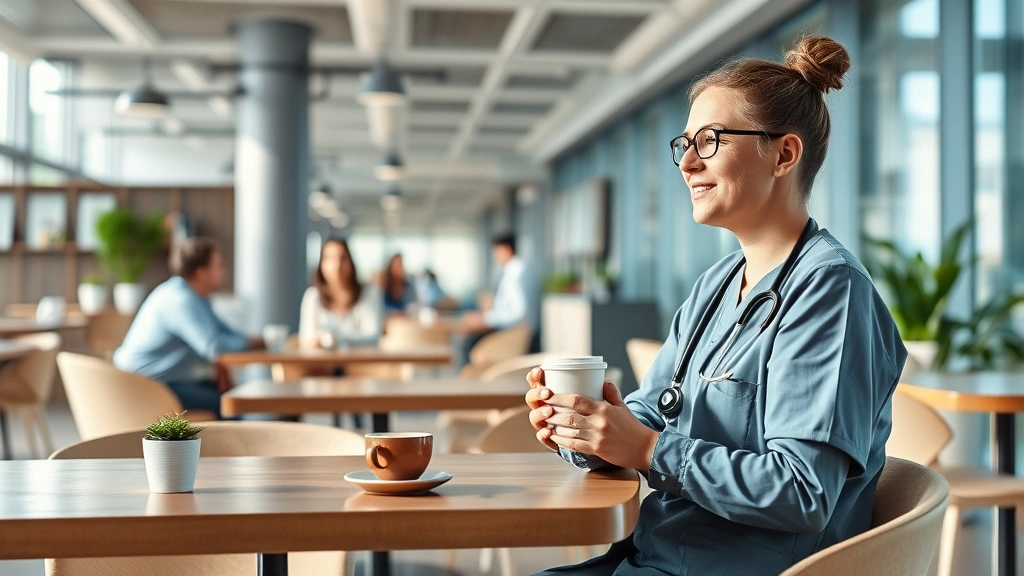 Employee wellness and work-life balance scene, healthcare worker enjoying coffee break in modern cafeteria, relaxed atmosphere with colleagues, natural lighting and contemporary design