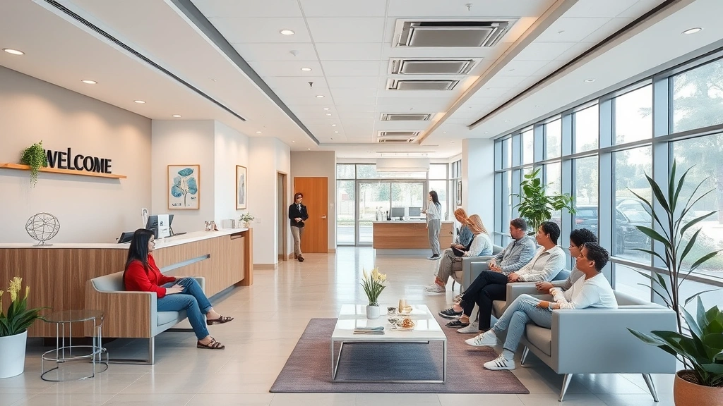 Modern healthcare clinic interior with welcoming reception area, diverse patients in comfortable waiting room, natural lighting, contemporary medical office design, professional yet warm atmosphere