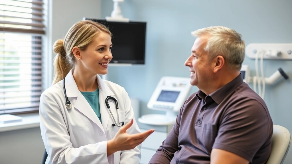 Female doctor in white coat consulting with middle-aged male patient in examination room, friendly conversation, modern medical equipment visible, trust and communication evident, natural daylight