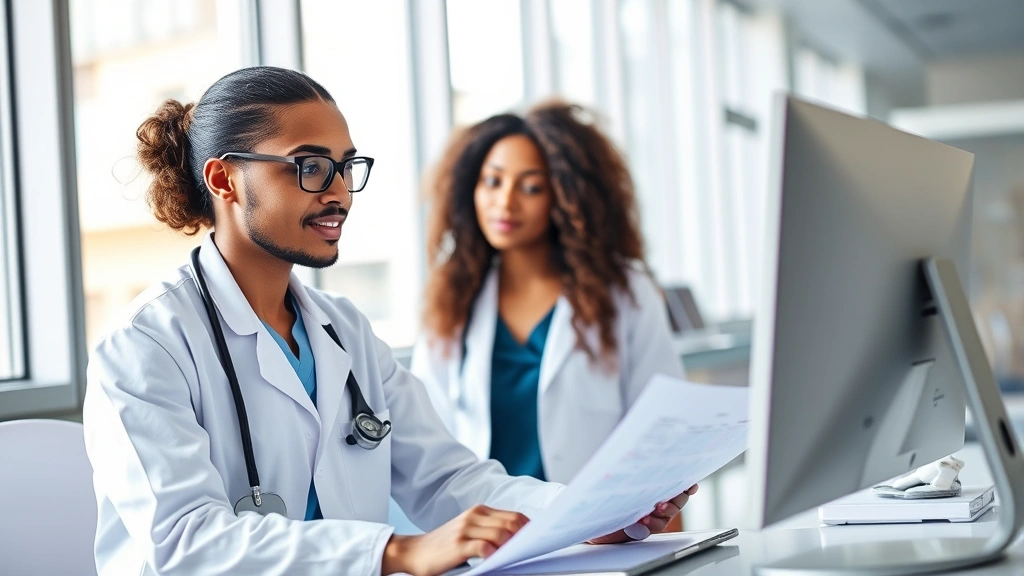 Professional healthcare worker in modern hospital clinic wearing white coat, reviewing patient chart at desk with computer, natural lighting through windows, confident and focused expression, diverse representation
