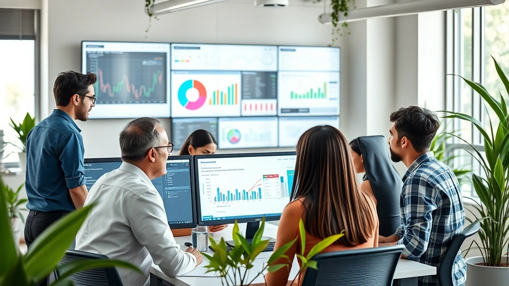 Team of public health professionals in office setting analyzing data on large monitors, collaborative atmosphere, colorful health analytics dashboards visible, modern workspace with green plants and natural light