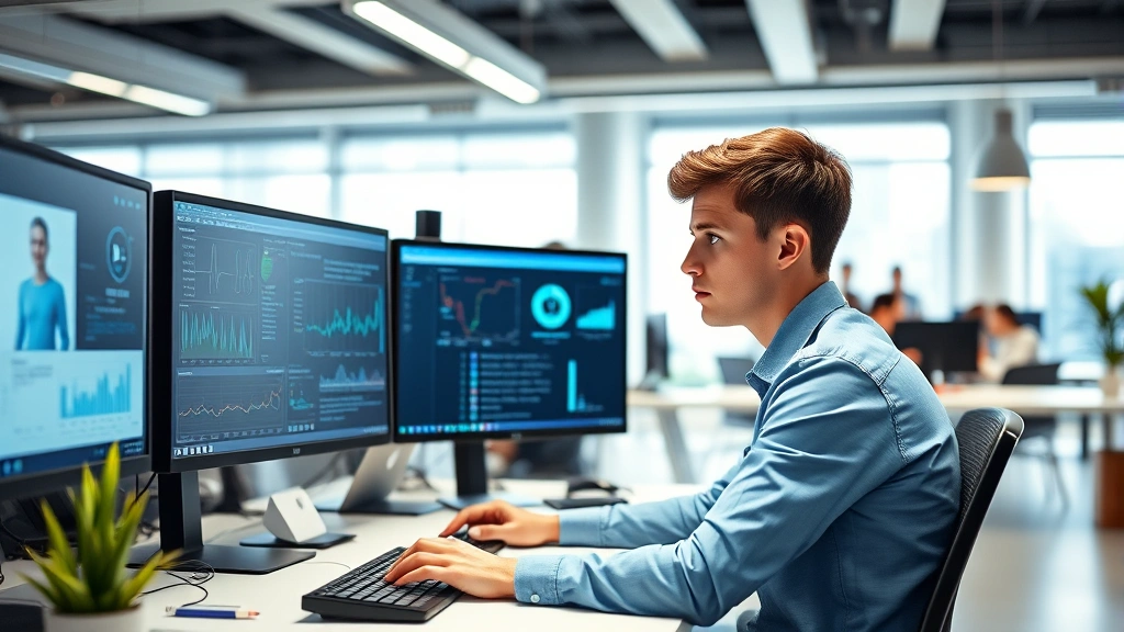 Young health tech professional at desk with multiple screens showing health data and medical software, modern tech company environment, focused concentration, contemporary office design with collaborative space visible