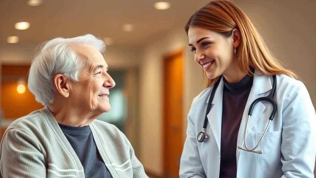 Young female physician assistant in white coat examining elderly patient in modern clinic, warm lighting, stethoscope visible, compassionate interaction, professional healthcare environment